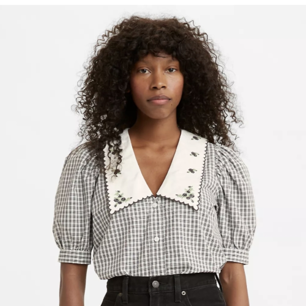 Levis Button Puff Sleeve Gingham Cottage Core Blouse